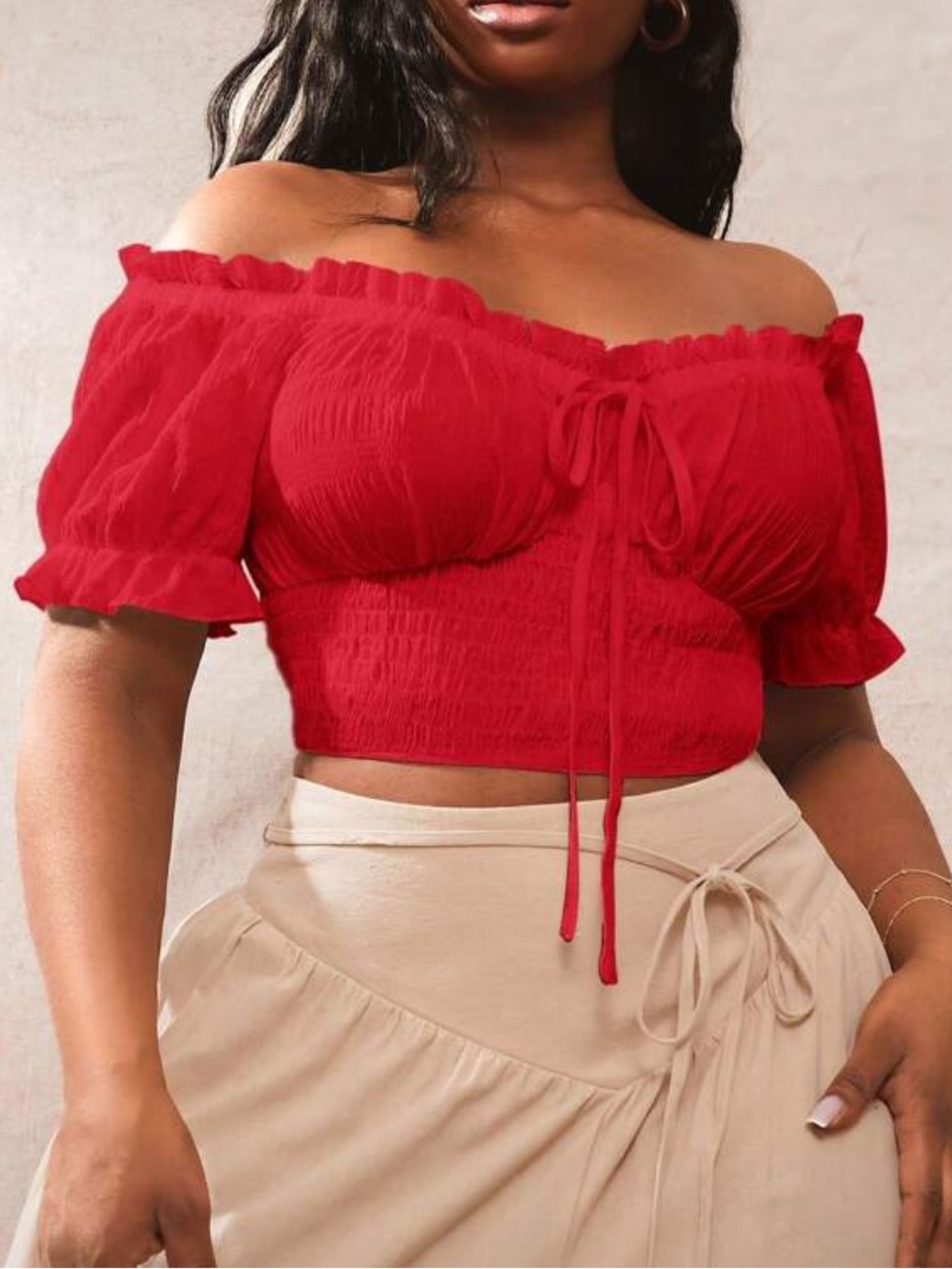 Red Off-Shoulder Smocked Crop Top - Women